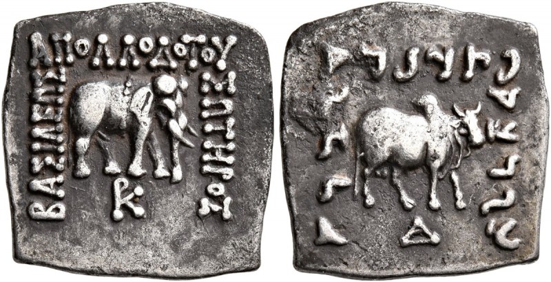 BAKTRIA, Greco-Baktrian Kingdom. Apollodotos I , circa 174-165 BC. Drachm (Silve...