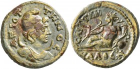LYDIA. Saitta. Pseudo-autonomous issue . Hemiassarion (Orichalcum, 21 mm, 5.52 g, 6 h), time of the Severans, 193-235 AD. AZIOTTHNOC Draped bust of Mê...