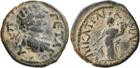 PHRYGIA. Philomelium. Geta , 209-211. Assarion (Bronze, 22 mm, 5.21 g, 6 h), Claudius Traianus, magistrate. Λ Π ΓЄTAC Laureate, draped and cuirassed b...