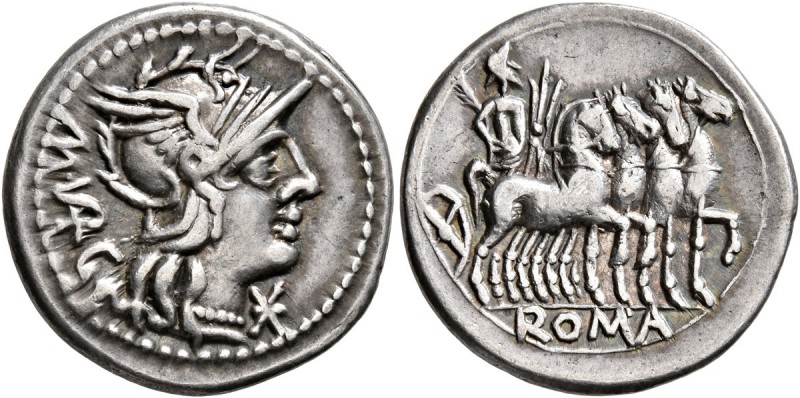 M. Vargunteius, 130 BC. Denarius (Silver, 20 mm, 3.89 g, 5 h), Rome. M• VAR G He...