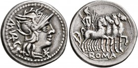 M. Vargunteius, 130 BC. Denarius (Silver, 20 mm, 3.89 g, 5 h), Rome. M• VAR G Helmeted head of Roma to right; before, star. Rev. ROMA Jupiter in slow ...