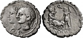 C. Sulpicius C.f. Galba, 106 BC. Denarius (Silver, 19 mm, 3.95 g, 11 h), Rome. D•P•P Jugate, laureate heads of the Dei Penates to left. Rev. Q / C•SVL...