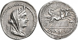 C. Fabius C.f. Hadrianus, 102 BC. Denarius (Silver, 21 mm, 3.99 g, 7 h), Rome. Veiled and turreted bust of Cybele to right; behind, I. Rev. C•FABI•CF ...