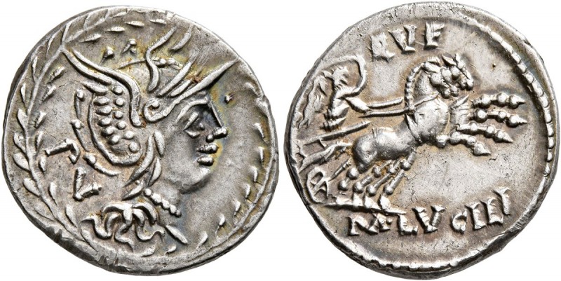 M. Lucilius Rufus, 101 BC. Denarius (Silver, 20 mm, 3.98 g, 6 h), Rome. PV Head ...