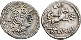 M. Lucilius Rufus, 101 BC. Denarius (Silver, 20 mm, 3.98 g, 6 h), Rome. PV Head of Roma within laurel wreath to right, wearing winged helmet. Rev. M•L...