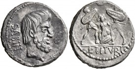 L. Titurius L.f. Sabinus, 89 BC. Denarius (Silver, 18 mm, 3.58 g, 9 h), Rome. SABIN Bare-headed and bearded head of King Titus Tatius to right; below,...