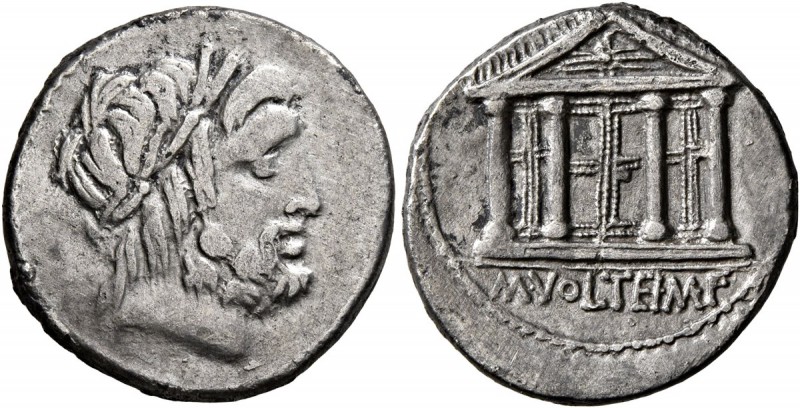 M. Volteius M.f, 78 BC. Denarius (Silver, 18 mm, 3.74 g, 4 h), Rome. Laureate he...
