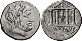 M. Volteius M.f, 78 BC. Denarius (Silver, 18 mm, 3.74 g, 4 h), Rome. Laureate head of Jupiter to right. Rev. M•VOLTEI•M•F Tetrastyle temple of Jupiter...