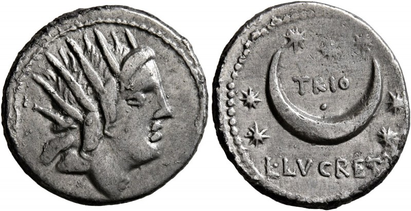 L. Lucretius Trio, 74 BC. Denarius (Silver, 18 mm, 3.57 g, 5 h), Rome. Radiate h...