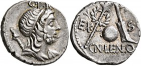 Cn. Cornelius Lentulus, 76-75 BC. Denarius (Silver, 19 mm, 3.93 g, 5 h), uncertain mint in Spain. G•P•R Diademed and draped bust of the Genius Populi ...