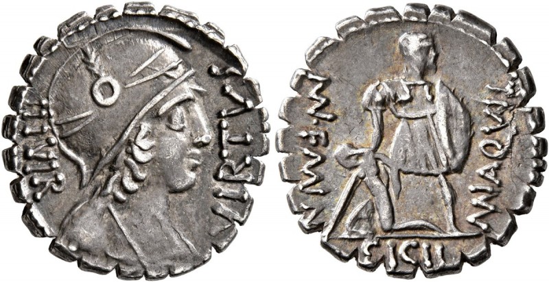 Mn. Aquillius Mn.f. Mn.n, 65 BC. Denarius (Silver, 19 mm, 3.97 g, 6 h), Rome. VI...