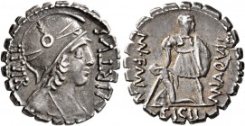 Mn. Aquillius Mn.f. Mn.n, 65 BC. Denarius (Silver, 19 mm, 3.97 g, 6 h), Rome. VIRTVS III VIR Helmeted and draped bust of Virtus to right. Rev. MN AQVI...