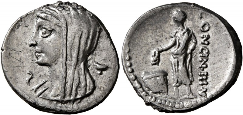 L. Cassius Longinus, 60 BC. Denarius (Silver, 19 mm, 3.78 g, 5 h), Rome. Veiled ...