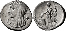 L. Cassius Longinus, 60 BC. Denarius (Silver, 19 mm, 3.78 g, 5 h), Rome. Veiled and diademed head of Vesta to left; to right, two-handled cup; to left...