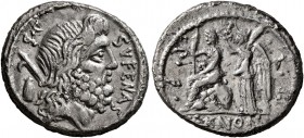 M. Nonius Sufenas, 59 BC. Denarius (Silver, 17 mm, 3.89 g, 5 h), Rome. SVFENAS - S•C Head of Saturn to right; to left, harpa and conical stone. Rev. P...