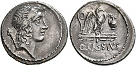 Q. Cassius Longinus, 55 BC. Denarius (Silver, 19 mm, 3.89 g, 6 h), Rome. Head of Genius Populi Romani to right, with scepter over shoulder. Rev. Q•CAS...
