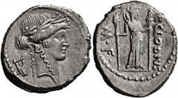 P. Clodius M.f. Turrinus, 42 BC. Denarius (Silver, 18 mm, 3.65 g, 11 h), Rome. Laureate head of Apollo right; behind, lyre. Rev. P•CLODIVS - M•F• Dian...