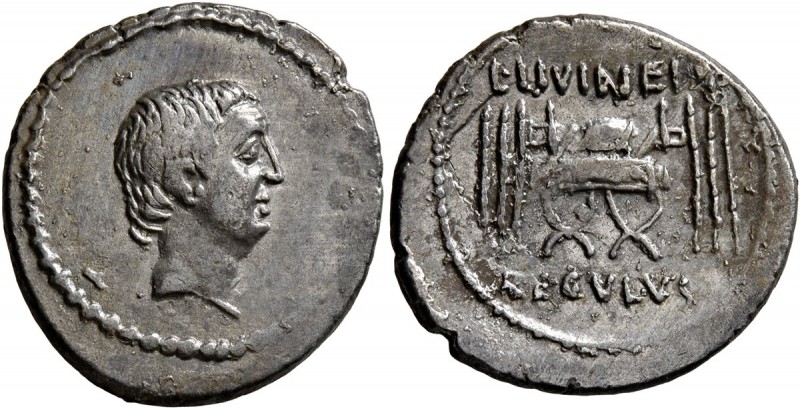L. Livineius Regulus, 42 BC. Denarius (Silver, 19 mm, 3.26 g, 3 h), Rome. Bare h...