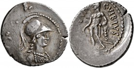 C. Vibius Varus, 42 BC. Denarius (Silver, 20 mm, 3.77 g, 7 h), Rome. Head of Minerva to right, wearing crested Corinthian helmet and aegis. Rev. C•VIB...