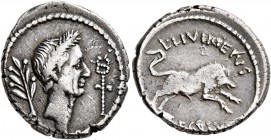 Julius Caesar, 49-44 BC. Denarius (Silver, 18 mm, 3.76 g, 10 h), with L. Livineius Regulus, Rome, 42. Laureate head of Caesar to right; behind, laurel...