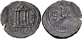 Mark Antony, 44-30 BC. Denarius (Silver, 20 mm, 3.22 g, 1 h), with P. Sepullius Macer, Rome, April-May 44. CLEMENTIAE CAES AR IS Tetrastyle temple wit...