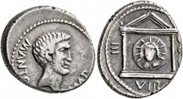 Mark Antony, 44-30 BC. Denarius (Silver, 18 mm, 4.04 g, 8 h), military mint moving with Antony in Greece, 42. M•ANTO[N] - IMP Bare head of Mark Antony...