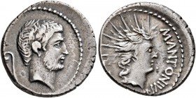 Mark Antony, 44-30 BC. Denarius (Silver, 18 mm, 3.97 g, 7 h), military mint moving with Mark Antony in Italy, circa 42. Head of Mark Antony to right; ...