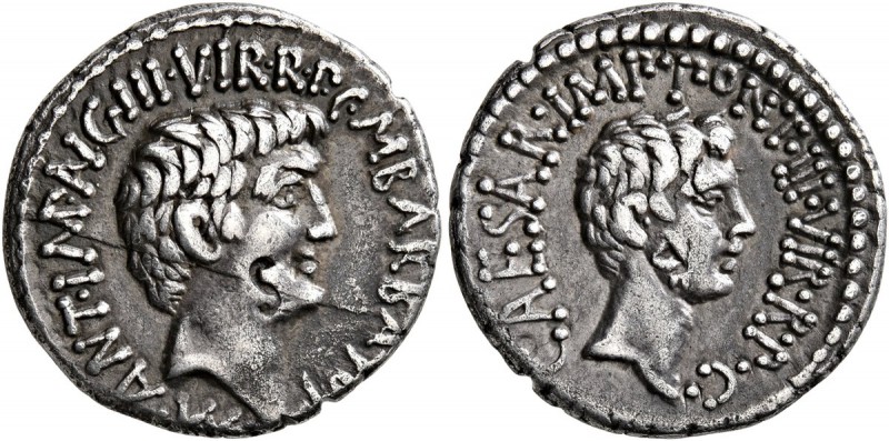 Mark Antony and Octavian. Denarius (Silver, 18 mm, 3.76 g, 12 h), Marcus Antoniu...