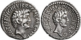 Mark Antony and Octavian. Denarius (Silver, 18 mm, 3.76 g, 12 h), Marcus Antonius with Octavianus and M. Barbatius, military mint moving with Mark Ant...