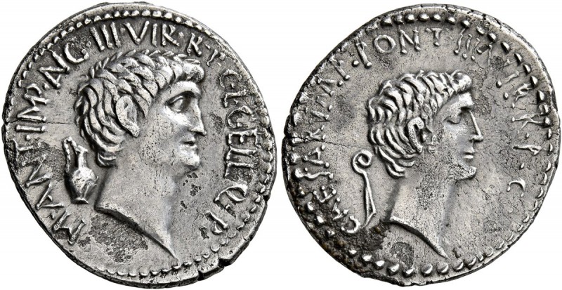Mark Antony and Octavian. Denarius (Silver, 20 mm, 3.91 g, 6 h), L. Gellius Popl...