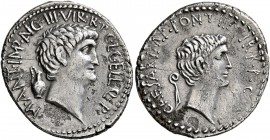 Mark Antony and Octavian. Denarius (Silver, 20 mm, 3.91 g, 6 h), L. Gellius Poplicola, quaestor pro praetore, military mint moving with Antony in Asia...