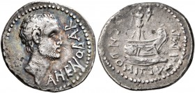 Cn. Domitius L.f. Ahenobarbus, 41 BC. Denarius (Silver, 19 mm, 3.73 g, 6 h), uncertain mint moving with Ahenobarbus along the Adriatic or Ionian Sea. ...