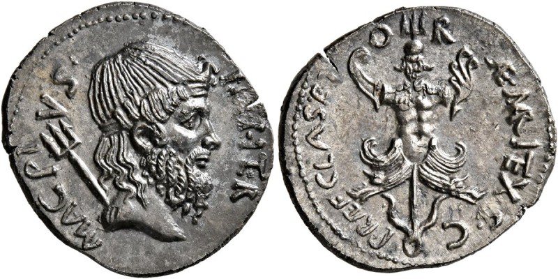 Sextus Pompey, † 35 BC. Denarius (Silver, 20 mm, 3.64 g, 11 h), military mint in...