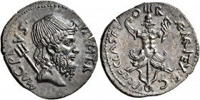 Sextus Pompey, † 35 BC. Denarius (Silver, 20 mm, 3.64 g, 11 h), military mint in Sicily, 37-36. MAG PIVS• IMP•I TE R Head of Neptune to right, his hai...