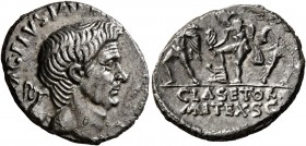 Sextus Pompey, † 35 BC. Denarius (Silver, 18 mm, 3.34 g, 6 h), military mint in Sicily, 37-36. [M]AG•PIVS•IMP[•ITER] Bare head of Cn. Pompeius Magnus ...