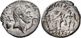 Sextus Pompey. Denarius (Silver, 19 mm, 3.79 g, 3 h), military mint in Sicily, 37-36 BC. MAG PIVS IMP ITER Bare head of Cn. Pompeius Magnus to right; ...