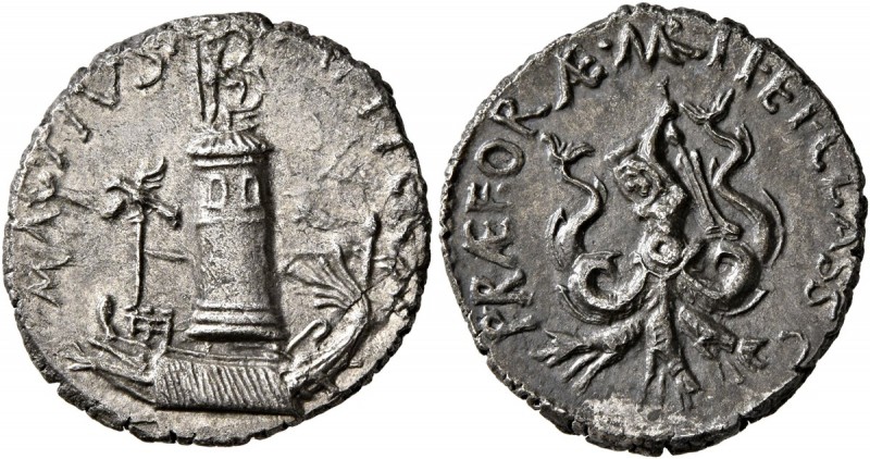 Sextus Pompey, † 35 BC. Denarius (Silver, 19 mm, 3.44 g, 11 h), military mint in...