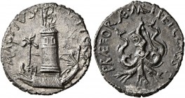 Sextus Pompey, † 35 BC. Denarius (Silver, 19 mm, 3.44 g, 11 h), military mint in Sicily, 37-36. MAG•PIVS•IMP•ITER The Pharos of Messana surmounted by ...