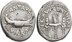 Mark Antony, 44-30 BC. Denarius (Silver, 19 mm, 3.37 g, 6 h), military mint moving with Mark Antony (Patrae?), 32-31. ANT•AVG•III•VIR•R•P•C Galley rig...
