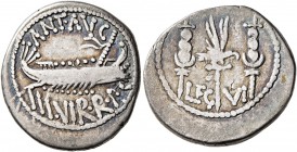 Mark Antony, 44-30 BC. Denarius (Silver, 19 mm, 3.23 g, 10 h), military mint moving with Mark Antony (Patrae?), 32-31. ANT•AVG•III•VIR•R•P•C Galley ri...
