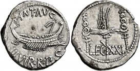 Mark Antony, 44-30 BC. Denarius (Silver, 17 mm, 3.74 g, 6 h), military mint moving with Mark Antony (Patrae?), 32-31. ANT AVG III VIR R P C Galley rig...