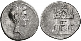 Octavian, 44-27 BC. Denarius (Silver, 20 mm, 3.65 g, 9 h), uncertain Italian mint (Rome?), 30-29. Bare head of Octavian to right. Rev. Facade of the C...
