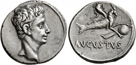 Augustus, 27 BC-AD 14. Denarius (Silver, 18 mm, 3.89 g, 8 h), uncertain Spanish mint (Colonia Patricia?), 17-16 BC. Bare head of Augustus to right. Re...