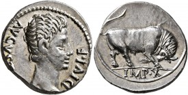 Augustus, 27 BC-AD 14. Denarius (Silver, 19 mm, 3.87 g, 6 h), Lugdunum, 15-13 BC. AVGVST[VS] DIVI•F Bare head of Augustus to right. Rev. IMP•X Bull bu...