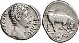 Augustus, 27 BC-AD 14. Denarius (Silver, 19 mm, 3.89 g, 4 h), Lugdunum, 15-13 BC. AVGVSTVS DIVI•F Bare head of Augustus to right. Rev. IMP•X Bull butt...