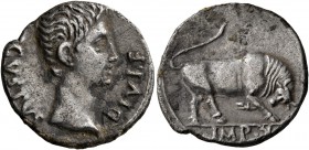 Augustus, 27 BC-AD 14. Denarius (Silver, 18 mm, 3.60 g, 7 h), Lugdunum, 15-13 BC. [A]VGVSTVS DIVI•F Bare head of Augustus to right. Rev. IMP•X Bull bu...