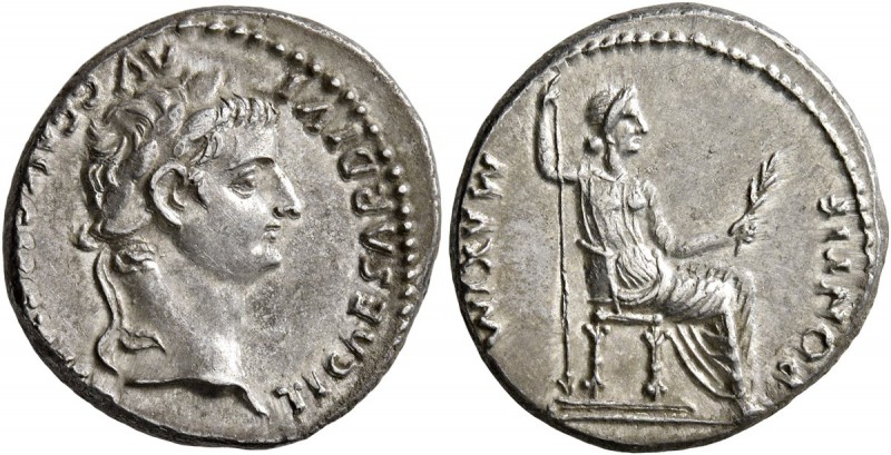 Tiberius, 14-37. Denarius (Silver, 18 mm, 3.80 g, 3 h), Lugdunum. TI CAESAR DIVI...