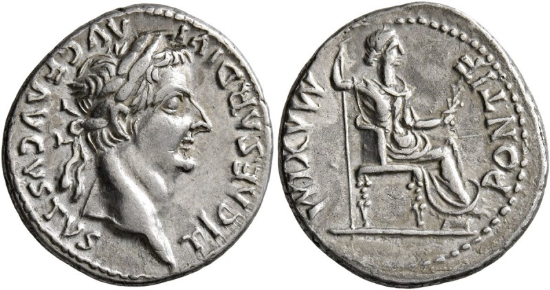 Tiberius, 14-37. Denarius (Silver, 19 mm, 3.72 g, 12 h), Lugdunum. TI CAESAR DIV...