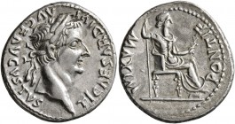 Tiberius, 14-37. Denarius (Silver, 19 mm, 3.72 g, 12 h), Lugdunum. TI CAESAR DIVI AVG F AVGVSTVS Laureate head of Tiberius to right. Rev. PONTIF MAXIM...