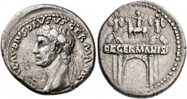 Nero Claudius Drusus, died 9 BC. Denarius (Silver, 19 mm, 3.63 g, 8 h), Rome, struck under Claudius, 41-45. NERO CLAVDIVS DRVSVS GERMANICVS IMP Laurea...